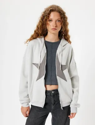 Koton Oversize Fermuarlı Sweatshirt Kapüşonlu Yıldız İşlemeli Cep Detaylı Şardonlu