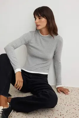 TRENDYOLMİLLA Kar Melanj Renk Bloklu Fitted Viskon/Yumuşak Kumaşlı Esnek Çift Yakalı Örme Bluz TWOAW25BZ00114