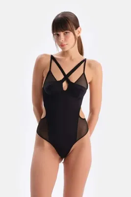 Dagi Siyah Tül Detaylı Balenli Bodysuit