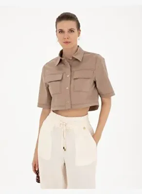 Pierre Cardin Bej Crop Top Kısa Kollu Gömlek50284674-VR011