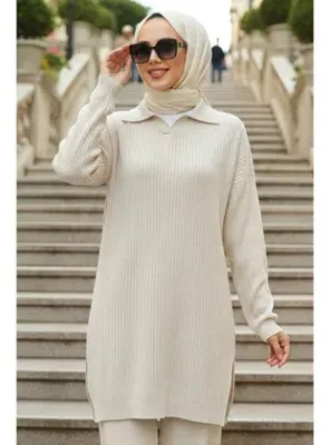 Neva Style Krem Tesettür Triko Kazak 10921KR