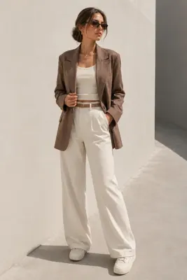 Madmext Kahverengi Keten Blazer Kadın Ceket Mg2443