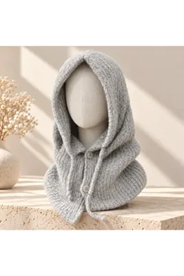 Didoria Accessory Kadın Kapüşonlu Düğmeli Örgü Boyunluk Balaklava Kışlık Başlık - Gri