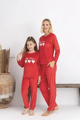 Mina Style Anne Kız Kırmızı Puantiyeli Kalp Nakışlı Fransız Kadife Pijama Takımı