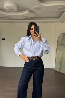 Grtrend Premium Vatkalı Çizgili Gömlek-Mavi