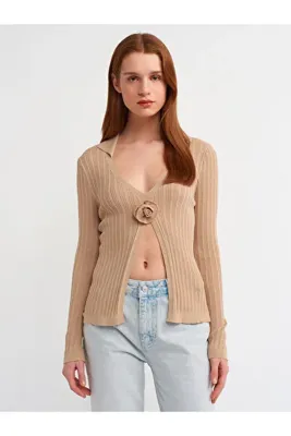 Dilvin 10526 Polo Yaka Çiçek Detaylı Transparan Triko Bluz-bej
