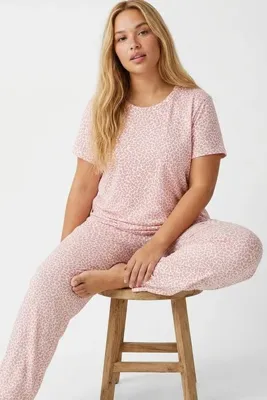 Siyah İnci BEYAZ SOMON LEOPAR desenli Büyük Beden Battal Örme Pijama Takım 7614