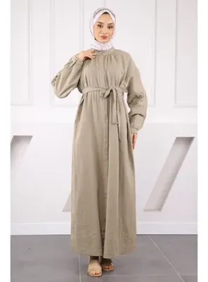 İmaj Butik Haki Bel Kuşaklı Müslin Elbise