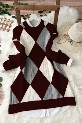 MODAQU Renkli Baklava Yumoş Triko Tunik - Bordo
