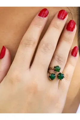 Esha Store Doğal Taş Yeşil Akik 3'lü Doğal Taşlı Antik Model Kadın Ayarlanabillir Yüzük euy88ya
