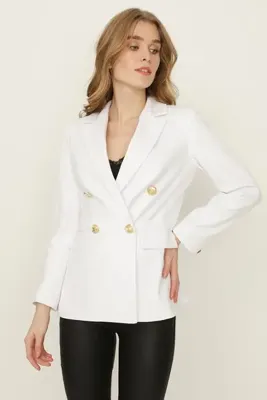 Select Moda Kadın Beyaz Gold Düğmeli Blazer Ceket