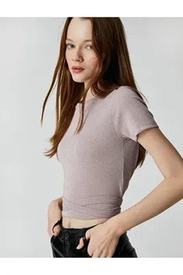 Koton Crop Tişört Bisiklet Yaka Kısa Kollu Simli Beli Bağlamalı