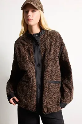 Defacto Relaxed Fit Bisiklet Yaka Leopar Desenli Çıtçıtlı Mont H8587AX26WN