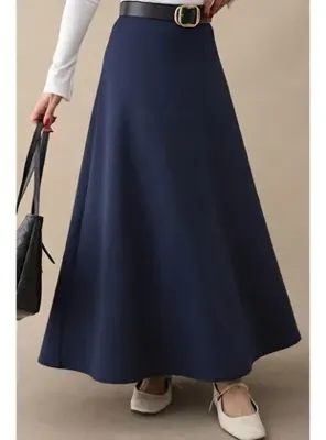 InStyle Kloş Beli Lastikli Scuba Lacivert Etek