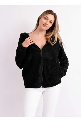 Sweet's Collection Unisex Kapüşonlu Polar Welsoft Peluş Siyah Ceket