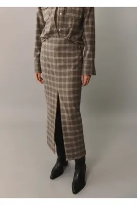 MANGO Woman Yırtmaçlı kareli etek