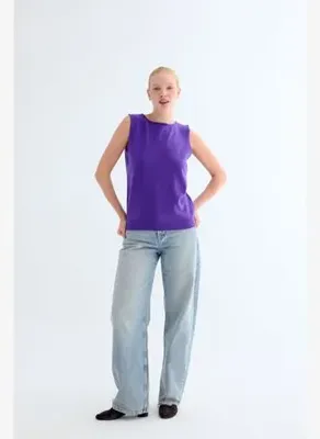 Silk and Cashmere Mor Pera Saf Kaşmir Yuvarlak Yaka Kolsuz Triko