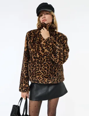 Koton Suni Kürk Mont Leopar Desenli Crop Cepli Fermuarlı