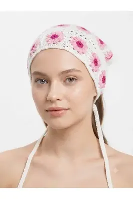Stil Kadın El Örgüsü Çiçek Desenli Bağlamalı Bandana Saç Bandı