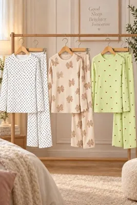 Genel Markalar 3'Lü Kadın Desenli Uzun Kollu Pijama Takımı Yeşil