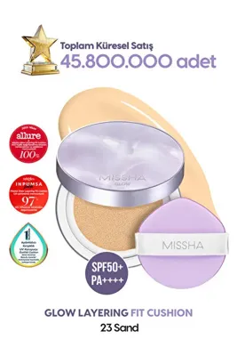 MISSHA Yoğun Kapatıcı, Nemli ve Parlak Bitişli Cushion Glow Layering Fit Cushion No.23 Sand SPF50+/PA++++