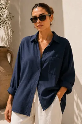 bb butik basic Oversize Keten Dokulu %100 Pamuk Salaş Lacivert Gömlek Bb-ku3435