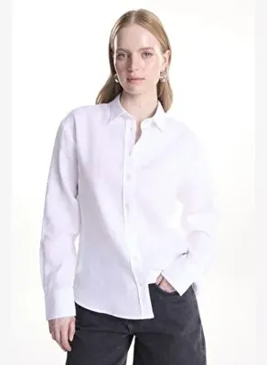 Ted Baker Beyaz %100 Keten Basic U Kollu Gömlek