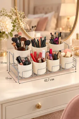 Edora Home Parlak Silver 7 Bölmeli Bambu Kapaklı Beyaz Renk Porselen Kavanozlu Metal Standlı Makyaj ve Bakım Organizeri