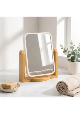 Str Store Bambu Ayaklı Dekoratif Makyaj Aynası - 360 Derece Dönebilen Masaüstü Ayna, 16.5 x 19.5 Cm, Ahşap Standlı Dikdörtgen Kozmetik Aynası, Yatak Odası ve Banyo Için Şık Tasarım (Beyaz Çerçeve)