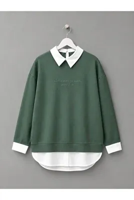 KEVRA Kadın Gömlek Yaka Etek Detaylı Yazılı Oversize Sweatshirt