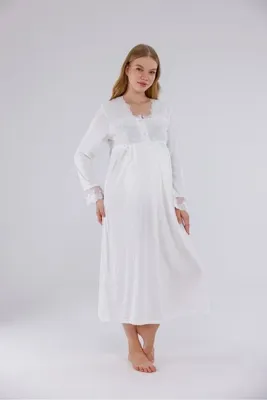 Yulem Homewear Ekru Özel Dantelli Emzirme Özellikli Uzun Kollu Pamuklu Lohusa Hamile Gecelik
