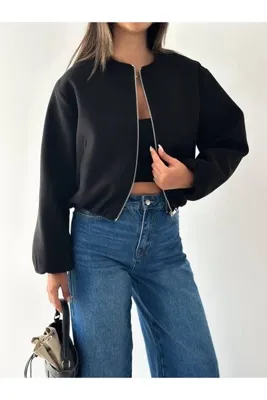 VESS MODA İçi Astarlı Beli Lastikli Crop Bomber Kaşe Ceket