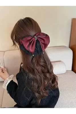Pelin Aksesuar Bordo Saten ve Siyah Dantelli Büyük Fiyonk Toka