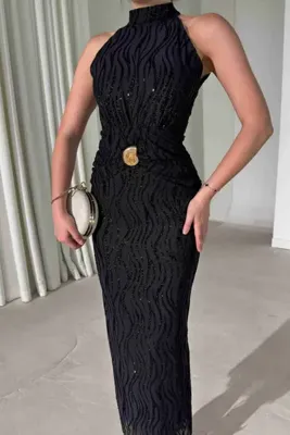 Nika Fashion Kadın Flok Baskı Boyundan Bağlamalı Sim Detay Maxi Boy Elbise