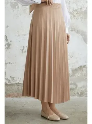 InStyle Luisa Beli Lastik Piliseli Etek - Bej