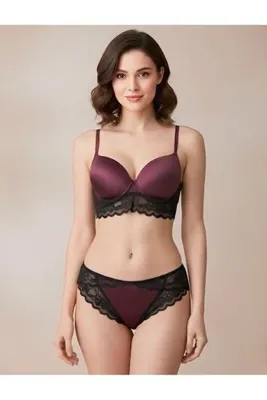 ANGEL LEON DREAM Kadın Siyah Dantel Detaylı Dolgulu Bralet Sütyen ve Dantelli Slip Külot Takım