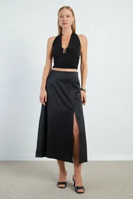 Fulla Moda Yırtmaçlı Maxi Boy Saten Etek