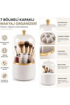 Ronanna 7 Bölmeli Kapaklı Makyaj Fırçası Organizeri, Şeffaf Kapaklı Kompakt Kozmetik Düzenleyici, Gold Detay
