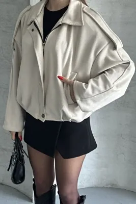 02Lady Fashion Oversize Apolet Detaylı Süet Kumaş Ceket