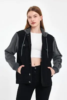 DAMGA JEANS Kadın Jeanvibe Baskılı Rahat Pamuklu Kapşonlu Kot Ceket