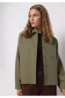 Colins Relax Fit Shirt Neck Düz Kadın Yeşil Uzun Kol Gömlek