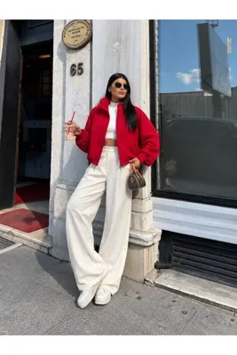OZD Active Kadın Kırmızı Dik Yaka Oversize Fermuarlı Ceket