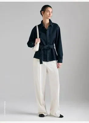 Sisley Kadın Mavi %100 Pamuk Regular Fit Denim Düğmeli Kemerli Gömlek