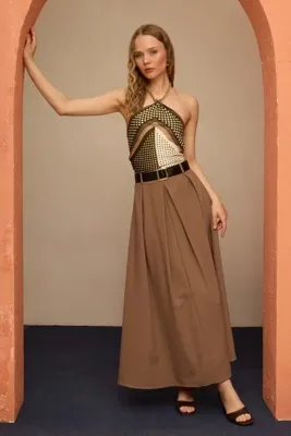 Fulla Moda Kemerli Pileli Maxi Boy Etek
