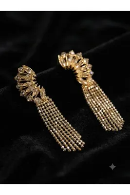 BİJUTERRİ Kadın Gold Taşlı Sallantılı Kalp Küpe Abiye Küpe Özel Günler Tasarım Küpe Gümüş Kaplama