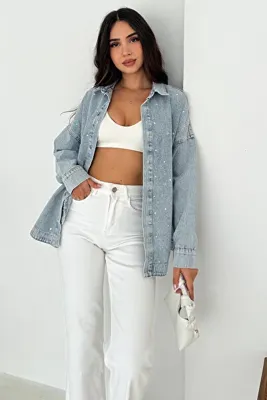 Noa&Noa Kadın Taş Detaylı Oversize Kot Gömlek – Açık Mavi Jean Gömlek