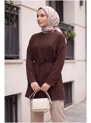 Podyumplus Yuvarlak Yaka Katlama Kol Beli Bağcıklı Fitilli Tunik -Kahverengi