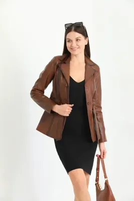 Genel Markalar Kadın Kahverengi Beli Kemerli Blazer Deri Ceket / Gerçek Deri