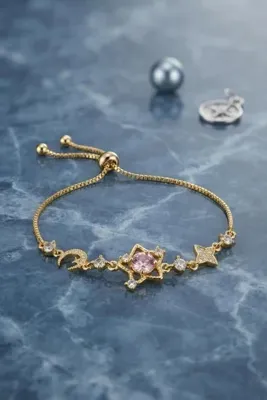 Genel Markalar Pembe Taşlı Yıldız Model Gold Renk Zirkon Taşlı Asansörlü Bileklik