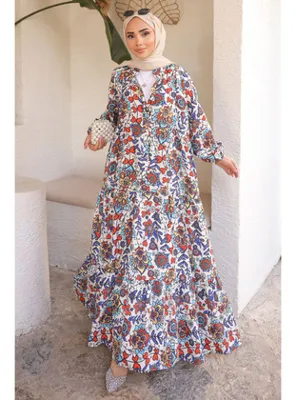 İmaj Butik Saks Mavi Yarım Düğmeli Eteği Katlı Elbise